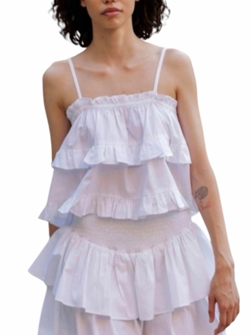White Cotton Ruffle Tiered Cami Tank Top Boho Peasant Cottagecore  M&L